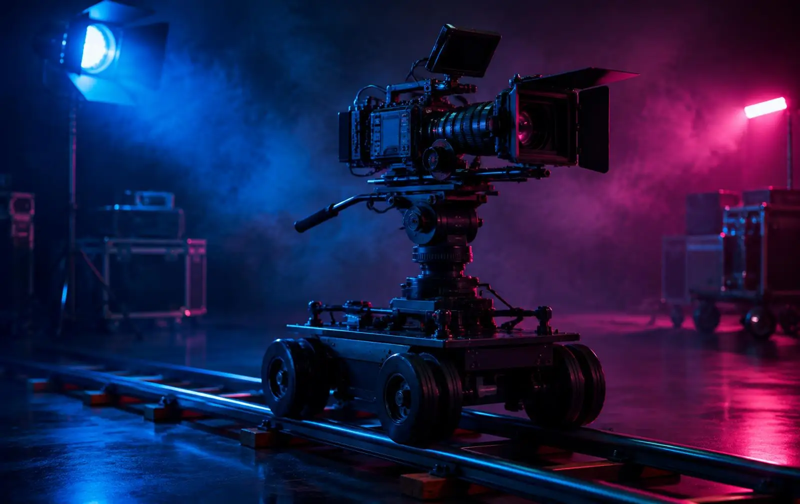 A cinema camera rig on a dolly