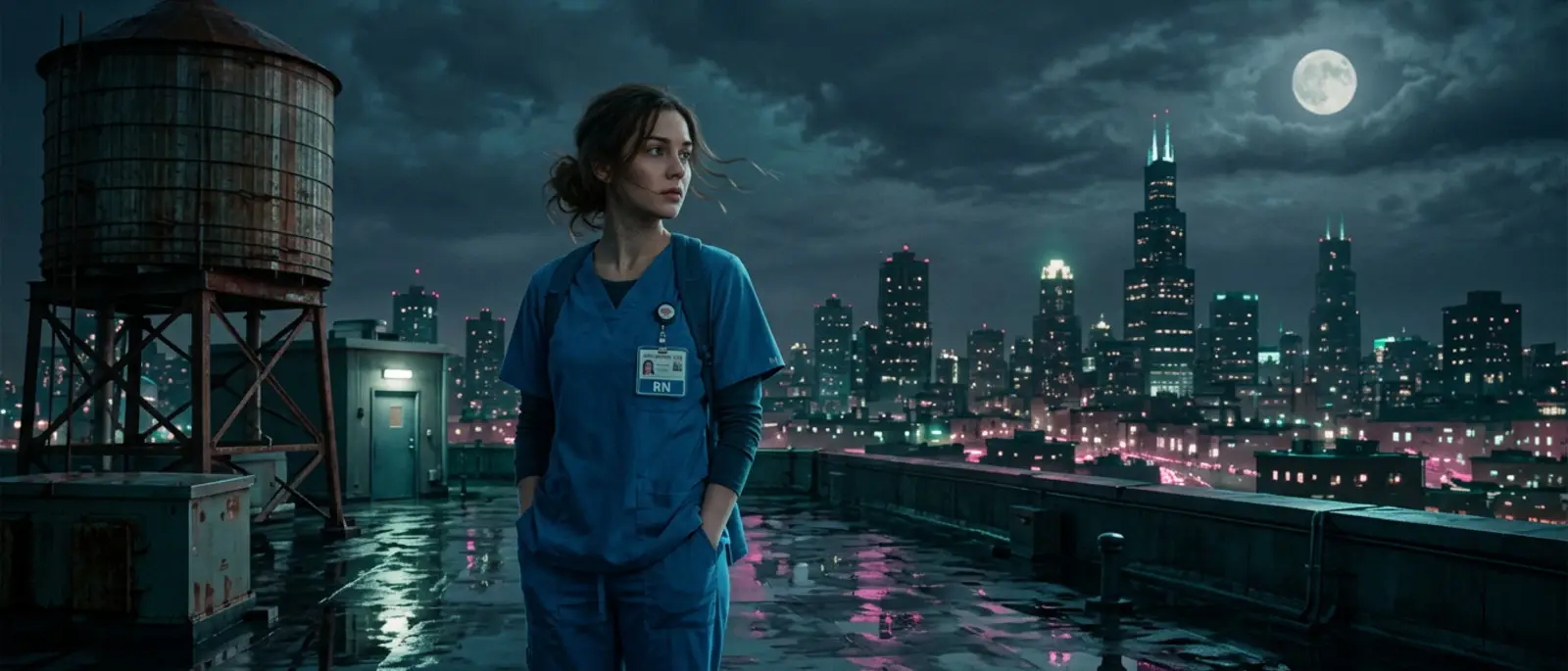 Final frame: nurse on a hospital rooftop at night
